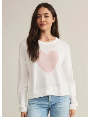 Z Supply Sienna White Sweater with Pink Heart - Women's Pullover L